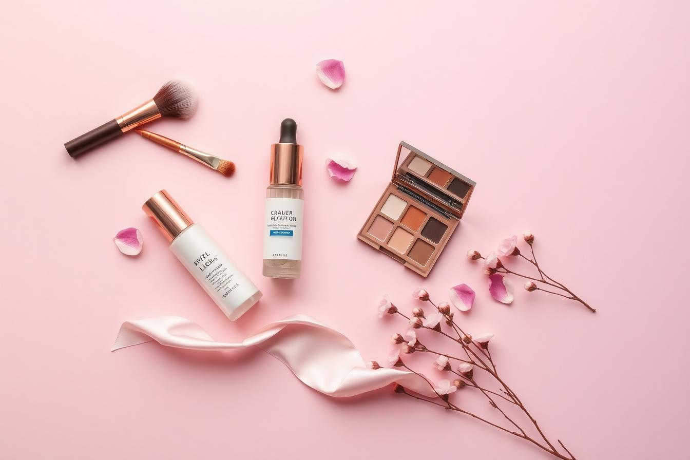 Elegant flat lay of makeup brushes, skincare bottles, and blush petals on a soft pink background